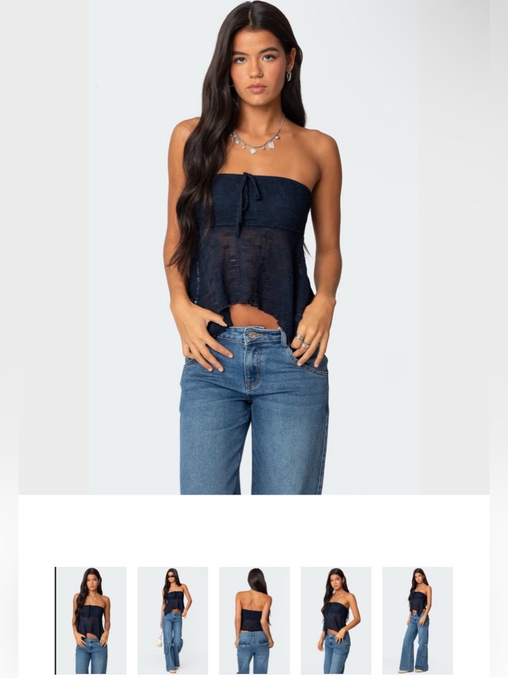 Edikted Navy Strapless Sheer Tie-Front Top - Size Small